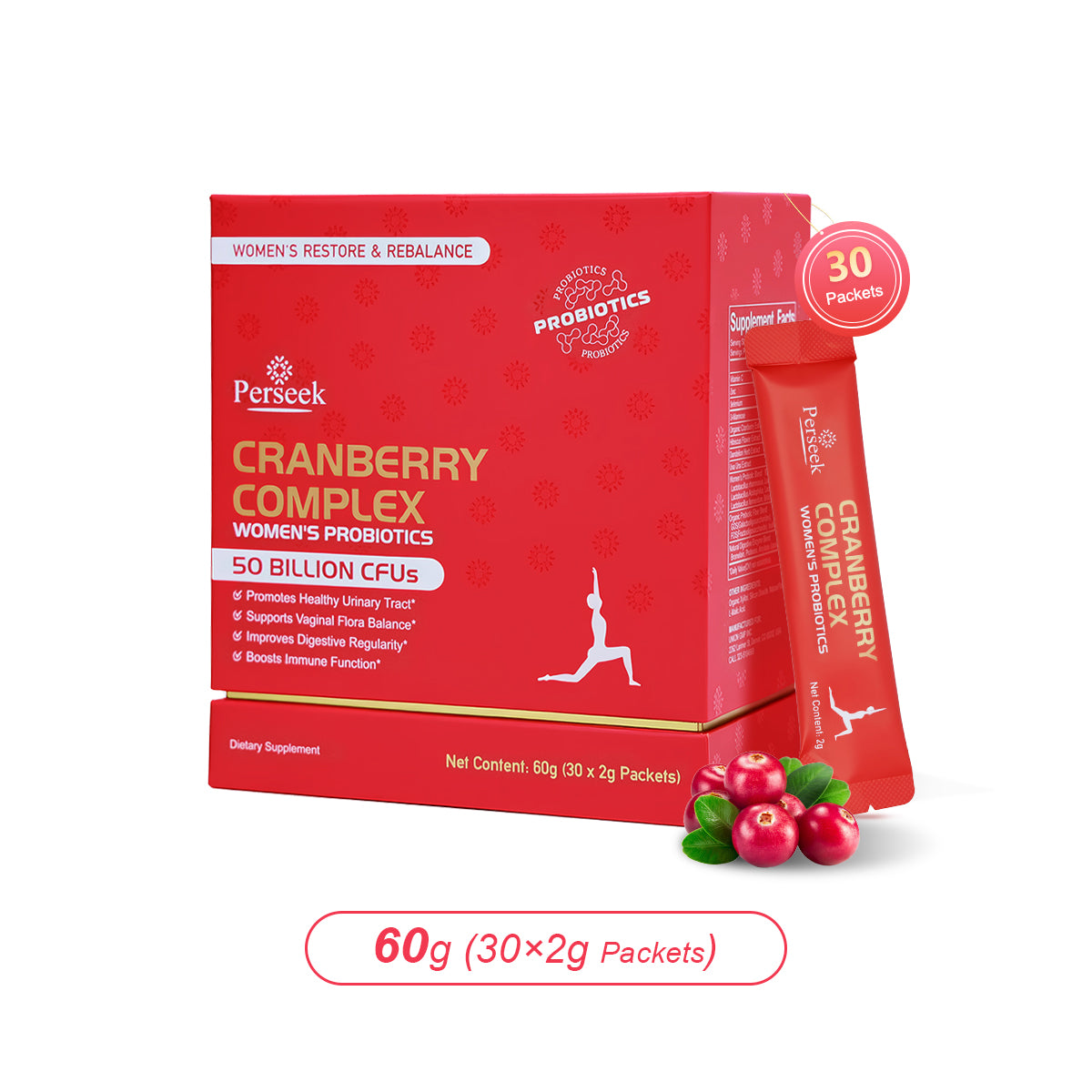 Perseek Women’s Probiotic 50B CFUs + Cranberry – for Intimate, Urinary ,and Digestive Health – 30 Pack